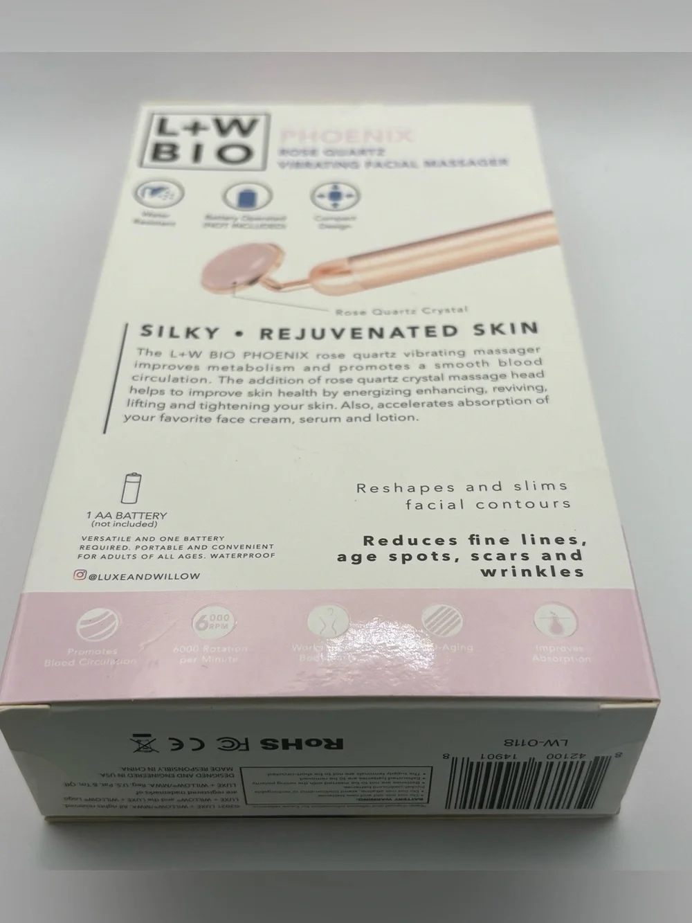 FACTORY SEALED LUXE + WILLOW BIO PHOENIX Rose Quartz Vibrating Facial Massager